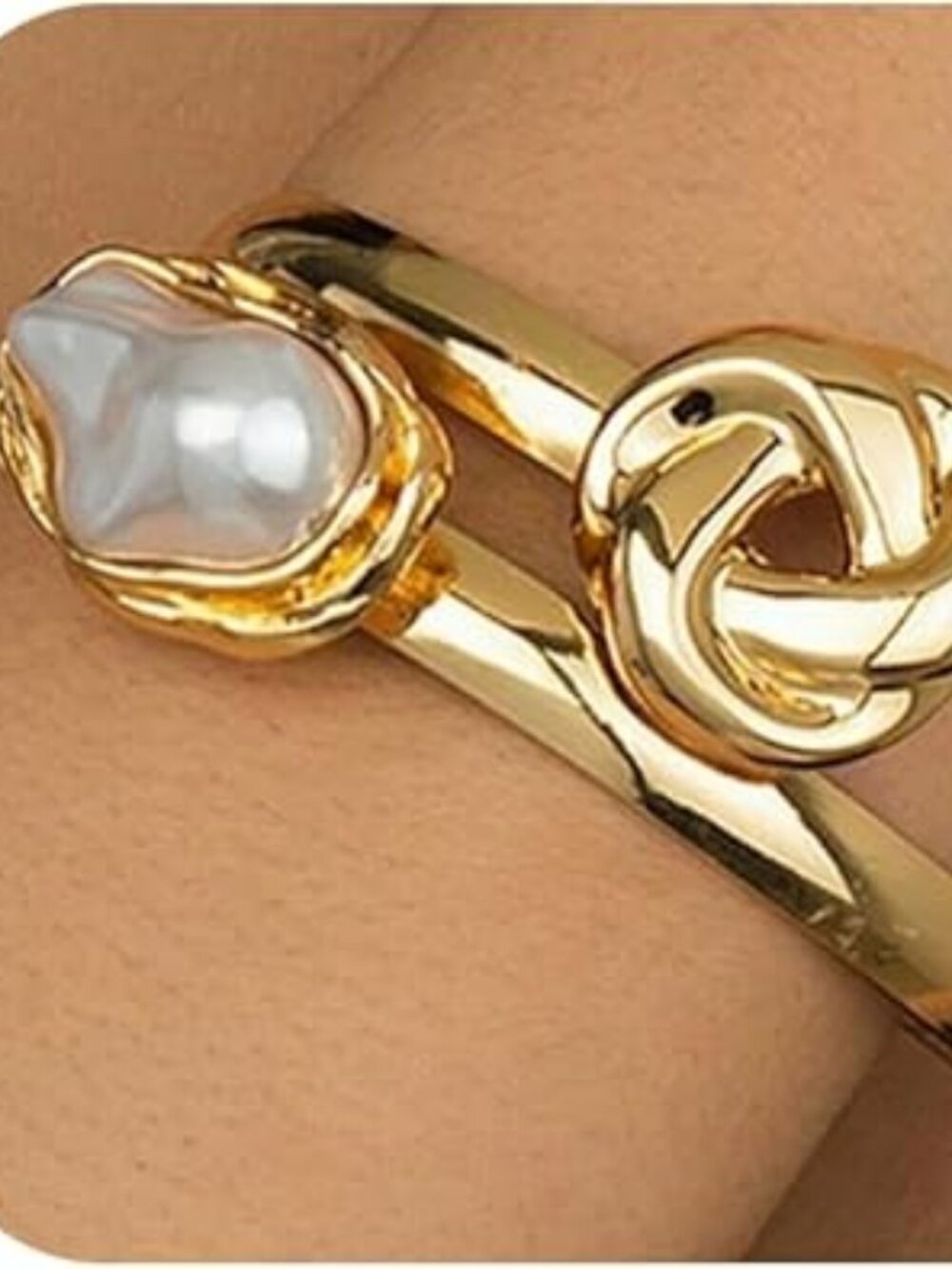 NEW White Baroque Pearl & Gold Knot Cuff Bracelet Statement Chunky Boho Cuban